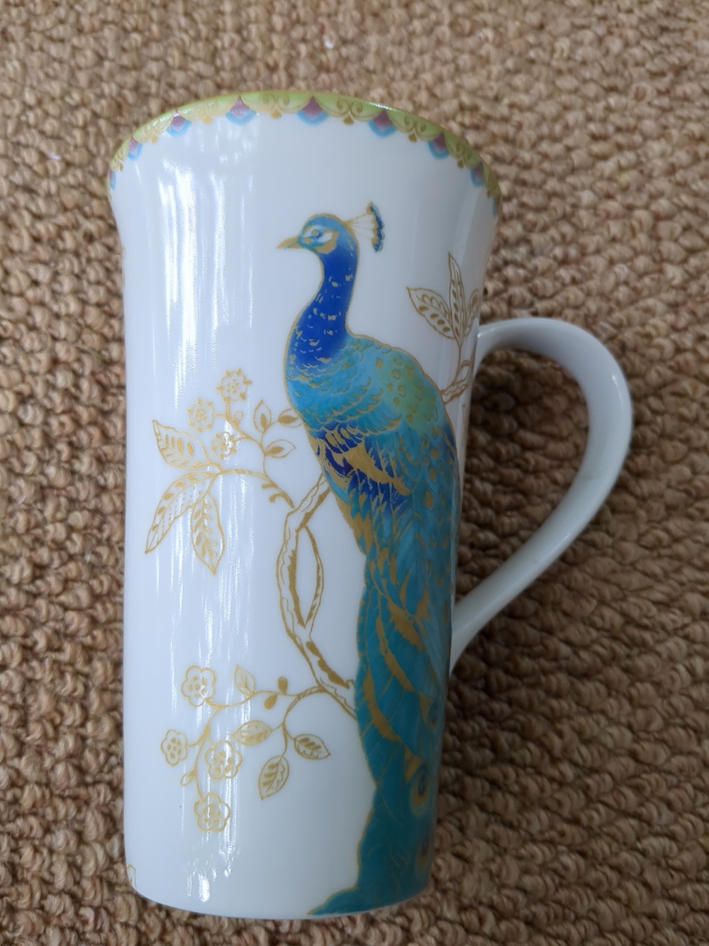 222 Fifth White Latte  Mug with Blue and Gold Peacock Garden